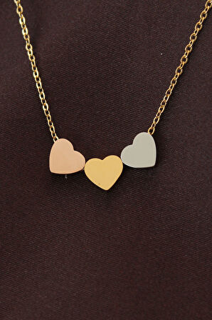 Çelik 3 Renkli Minimal 3lü Kalp Kolye