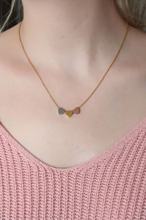 Çelik 3 Renkli Minimal 3lü Kalp Kolye