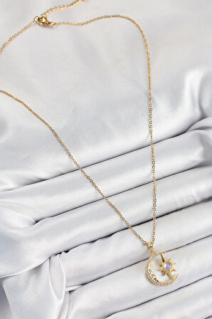 316L Çelik Zirkon Taşlı Kutup Yıldızlı Hilal Model Gold Renk Kadın Kolye