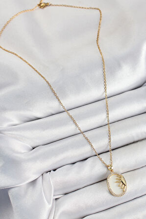 316L Çelik Zirkon Taşlı Yarım Güneş Model Gold Renk Kadın Kolye