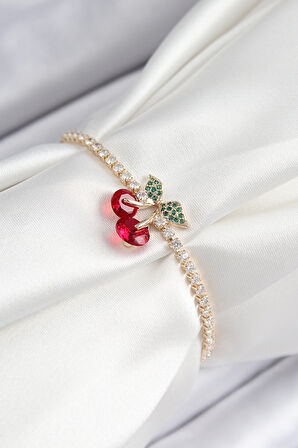 Pirinç Zirkon Taşlı Kiraz Model Gold Renk Asansörlü Kadın Bileklik