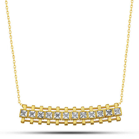 Gümüş Gold Zirkon Taşlı Kare Bar Kadın Kolye SL12610