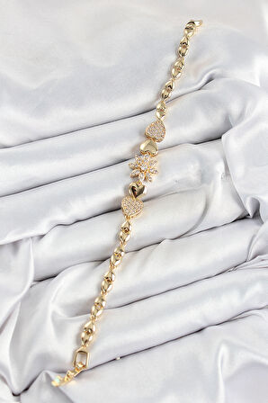 Pirinç Zirkon Taşlı Kalp Detaylı Çiçek Model Gold Renk Kadın Bileklik