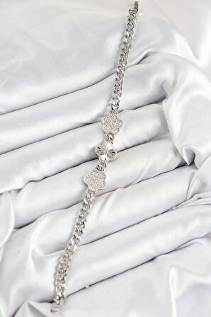 Pirinç Zirkon Taşlı Yonca Model Gümüş Renk Kadın Bileklik