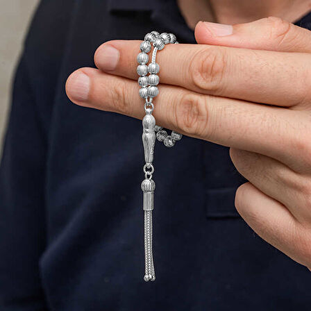 Gümüş Çizgili Yuvarlak Erkek Tesbih SL12626