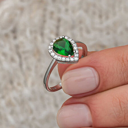 Gümüş Damla Zümrüt Taşlı Kadın Yüzük SL12650