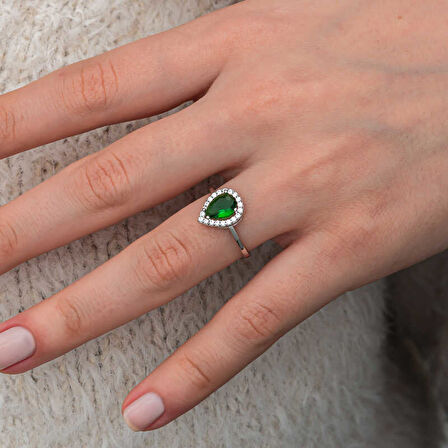 Gümüş Damla Zümrüt Taşlı Kadın Yüzük SL12650