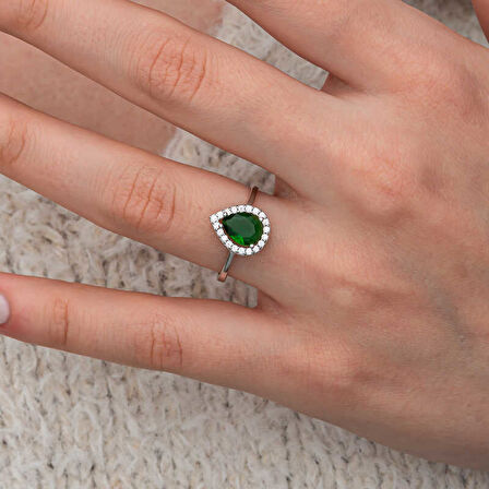 Gümüş Damla Zümrüt Taşlı Kadın Yüzük SL12650