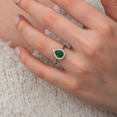 Gümüş Damla Zümrüt Taşlı Kadın Yüzük SL12650