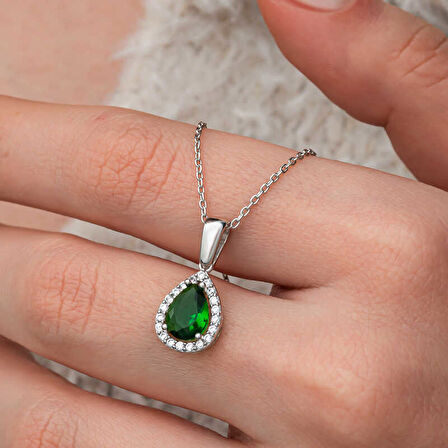 Gümüş Damla Zümrüt Taşlı Kadın Kolye SL12652