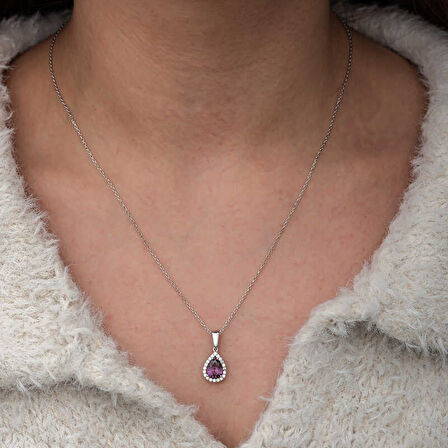 Gümüş Damla Mor Taşlı Kadın Kolye SL12653