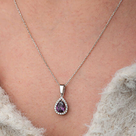 Gümüş Damla Mor Taşlı Kadın Kolye SL12653