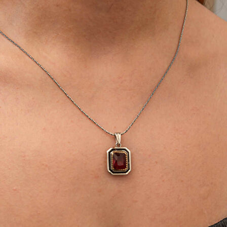 Gümüş Kırmızı Taşlı Dikdörtgen Kadın Kolye SL12655