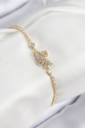 Pirinç Zirkon Taşlı Kuğu Model Gold Renk Kadın Bileklik