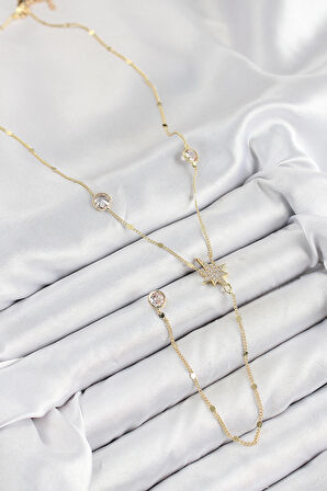 Pirinç Zirkon Taşlı Kutup Yıldızı Model Gold Renk Y Kolye