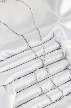 Pirinç Zirkon Taşlı Ezme Zincirli Model Gümüş Renk Y Kolye