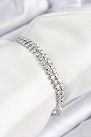 Pirinç Zirkon Taşlı Çift Sıra Model Gümüş Renk Asansörlü Kadın Bileklik