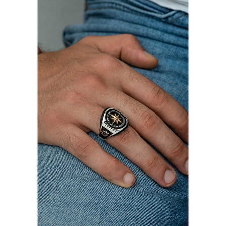 Gümüş Çapa Detaylı Pusula Erkek Yüzük T6097