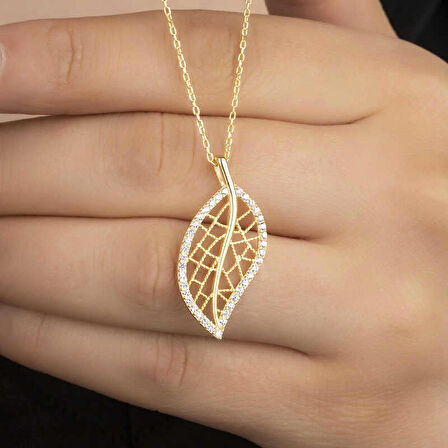 STİLLOVE Gümüş Gold Yaprak Kadın Kolye