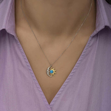 STİLLOVE Gümüş Opal Mavi Taşlı Ay Güneş Kadın Kolye