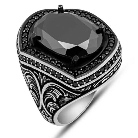 STİLLOVE Gümüş Siyah Zirkon Taşlı Oval Erkek Yüzük