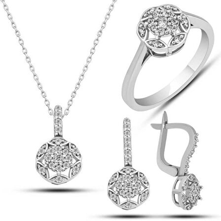 STİLLOVE Gümüş Beyaz Zirkon Taşlı Çiçek Kadın Set