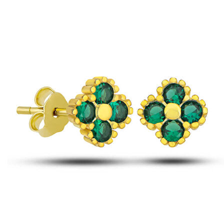 STİLLOVE Gümüş Gold Yonca Çivili Yeşil Taşlı Çocuk Küpe