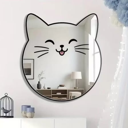 Kırılmaz Pleksi Gülen Kedi Duvar Aynası - 35x35 cm Çocuk ve Bebek Odası Dekoratif Ayna