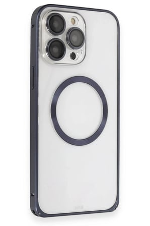 iPhone 15 Pro Max Kılıf Metal Bumper Magneticsafe Kapak - Lacivert