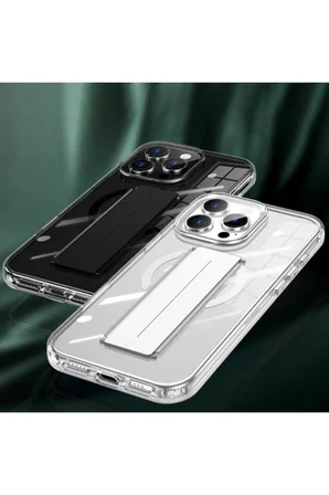 iPhone 15 Pro Max Kılıf Alfa Magsafe Standlı Kapak - Şeffaf