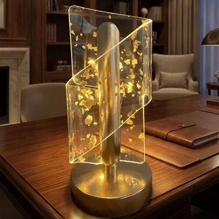 Sylar Çapraz Kavisli Kristal Altın Toz Model LED Masa Lambası – Gold Gövdeli, Dokunmatik, 3 Kademe Işık Ayarlı Şarjlı Dekoratif Lamba