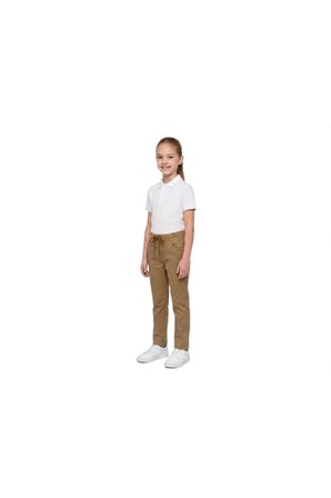 Unisex Erkek Kız Çocuk Beli Lastikli Boru Paça Kanvas Keten Camel Okul Pantolonu