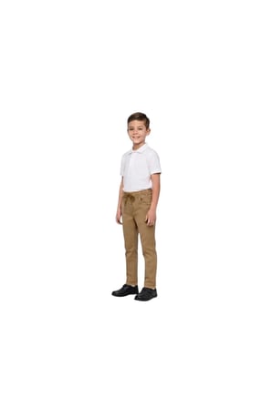 Unisex Erkek Kız Çocuk Beli Lastikli Boru Paça Kanvas Keten Camel Okul Pantolonu