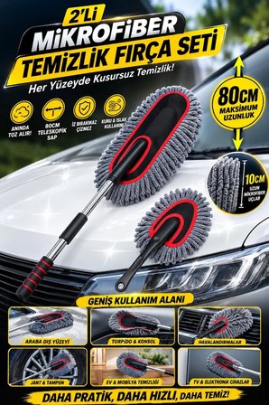 Teleskopik Saplı 2 Adet Mikrofiber Temizlik Fırça Seti İz Bırakmaz Çizmez Toz Alma Aparatı Araba Yık