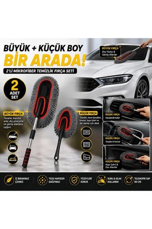 Teleskopik Saplı 2 Adet Mikrofiber Temizlik Fırça Seti İz Bırakmaz Çizmez Toz Alma Aparatı Araba Yık