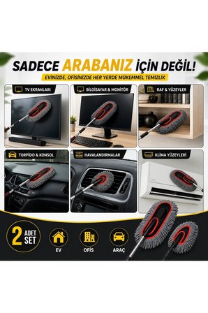 Teleskopik Saplı 2 Adet Mikrofiber Temizlik Fırça Seti İz Bırakmaz Çizmez Toz Alma Aparatı Araba Yık