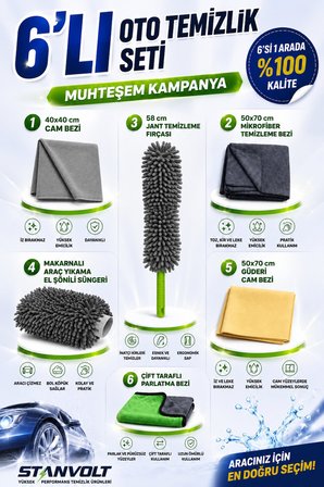 6’lı Oto Temizlik Seti | Cam Bezi, Mikrofiber Bez, Jant Fırçası, El Şönili Yıkama Süngeri, Güderi Be