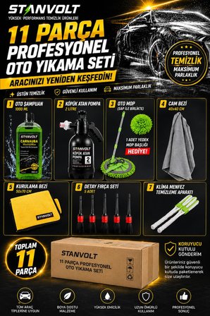 11 Parça Profesyonel Oto Yıkama ve Araç Temizlik Seti | 1000 ml Oto Şampuan, 2 Lt Köpük Pompası, Mop