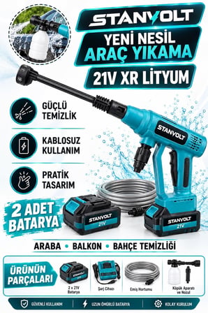 21V Çift Batarya 1500 mAh Yüksek Basınçlı Akülü Şarjlı Oto Araba Yıkama Makinesi