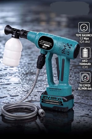 21V Çift Batarya 1500 mAh Yüksek Basınçlı Akülü Şarjlı Oto Araba Yıkama Makinesi