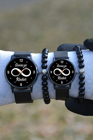 Çift Saatleri Sevgili Siyah Hasır Bay Harfli Bileklikli Sonsuza Kadar Sevgililer Günü