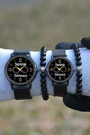 Çift Saatleri Sevgili Seninle Sonsuza Siyah Hasır Kordon Kadın Erkek Kol Saatleri Bileklik Hediye
