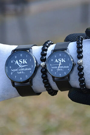 Çift Saatleri Sevgili Saatleri Aşk Saatleri Sevgililer Günü Bay Bileklik Siyah Hasır