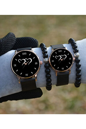 Çift Saatleri Sevgili Saati Siyah Rose Gold Hasır Çift Kalp Saat Ve Bileklik Hediyeli Çift Saatleri