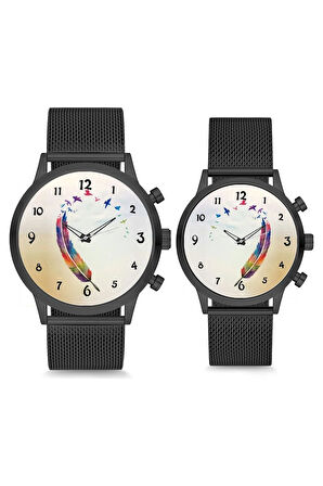 Çift Saatleri Sevgili Saati Siyah Kalp Şeklinde Tüy Çift Kol Saati