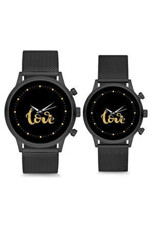 Çift Saatleri Sevgili Saati Siyah Love Baskılı Çift Kol Saati