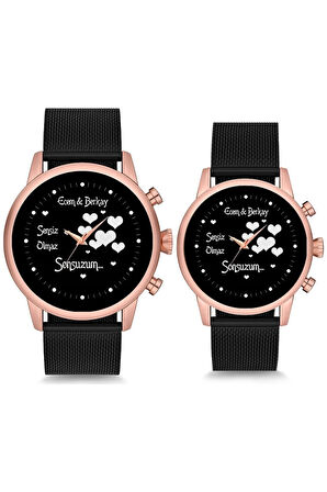 Çift Saatleri Uçan Kalpler İsimli ve Tarihli Sevgili Çift Kol Saatleri