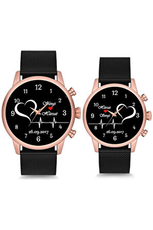 Çift Saatleri Sevgili Saati Siyah Ritim Kalp İsimli ve Tarihli Çift Kol Saatleri