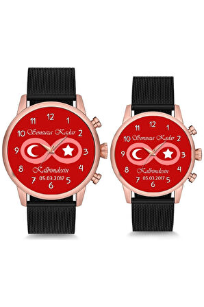 Çift Saatleri Sevgili Saati Türk Bayrağı İsimli ve Tarihli Çift Kol Saati