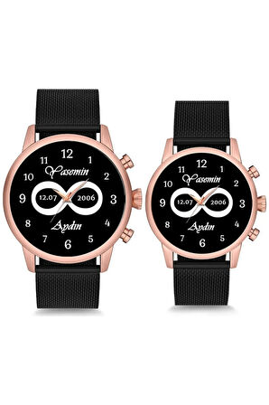 Çift Saatleri Siyah Sade Sonsuzluk Sevgili Saati İsim ve Tarih Baskılı